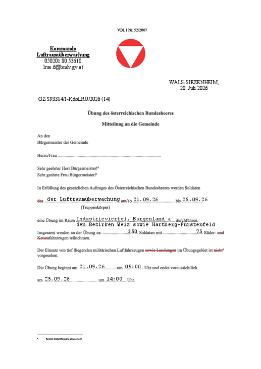 Kundmachung - Übung des österreichischen Bundesheeres