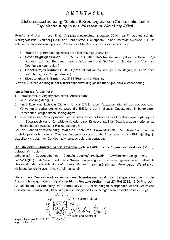 Stellenausschreibung/Betreuungsperson schulische Tagesbetreuung