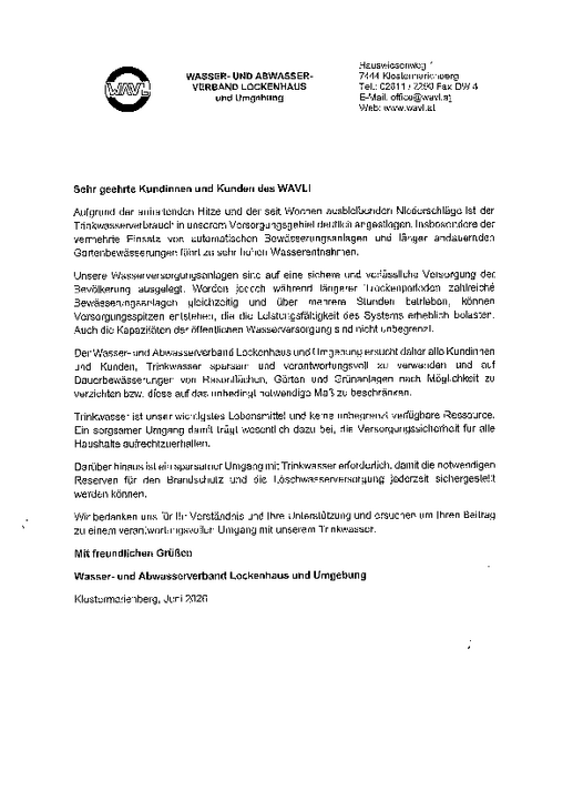 Aussendung WAVL - Trinkwasserverbrauch