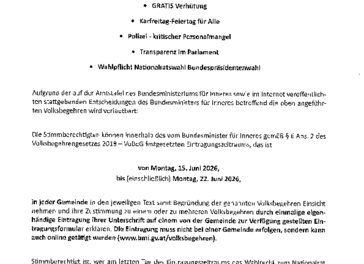 Verlautbarung - Eintragungsverfahren Volksbegehren