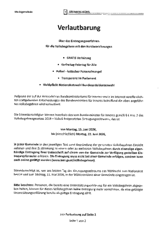 Verlautbarung - Eintragungsverfahren Volksbegehren