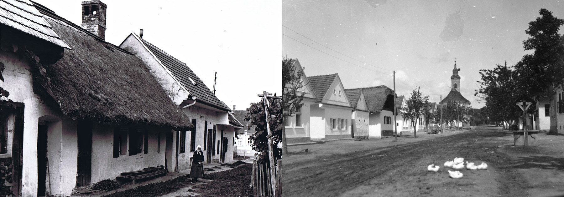 linkes Bild (ältere Frau vor Haus), rechtes Bild (Hauptstraße - Blick in Richtung Kirche)