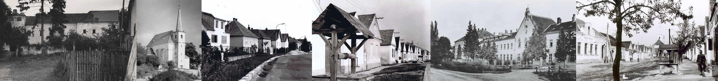 Historische Kollage (Häuser, Kirche, Hausreihe, Kloster,  Brunnen, Straße mit Häusern in Steinberg) 